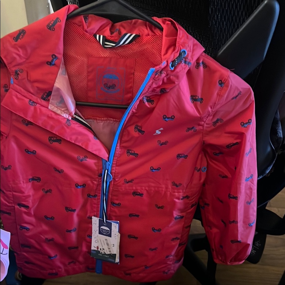 Red Hooded RainJacket with Car Print